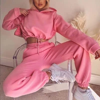 women spring fall sport casual two piece set ladies autumn fashion solid loose hooded jumper top elastic waist sweatpants suit