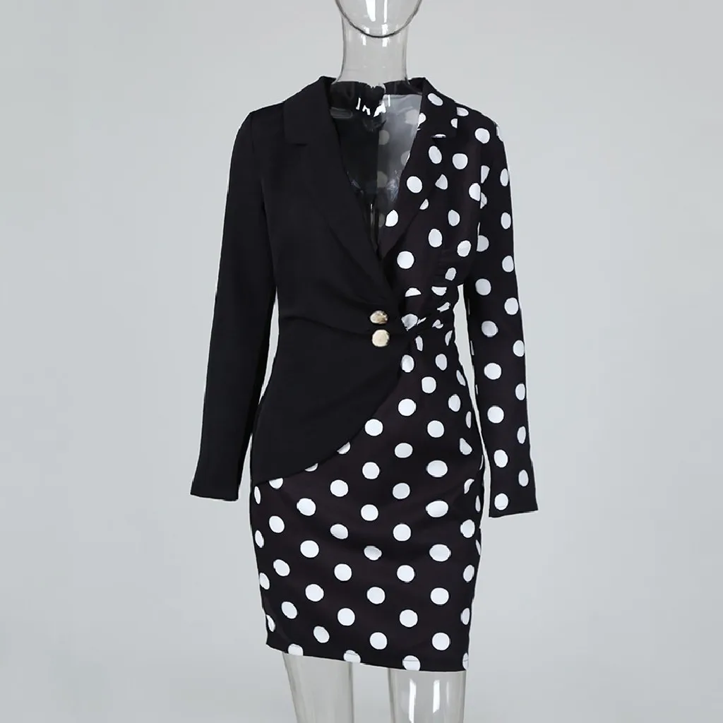 Feitong женская мода, платье Vestido, длинный рукав, пуговицы, узор в горошек, пэчворк, бодикон, блейзер, офисное, женское, мини платье