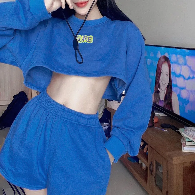 

Autumn Sweatshirt Sets Fashion Loose Letters Long Sleeve SML Woman Casual O-neck Short Sweatshirts & Elastic Waist Hot Shorts