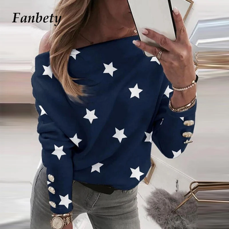 

Spring Fashion Elegant Heart Print Tops Women Sexy Off Shoulder Blouse Shirts Fenale Casaul Loose Long Sleeve Blusa Streetwears