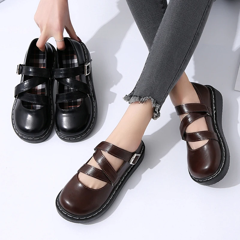 

Туфли Лолиты; Сезон весна-осень; Женская повседневная обувь; Туфли Мэри Джейн на платформе с перекрестной шнуровкой и пряжкой; Женская обувь в стиле ретро с круглым носком; 8581N