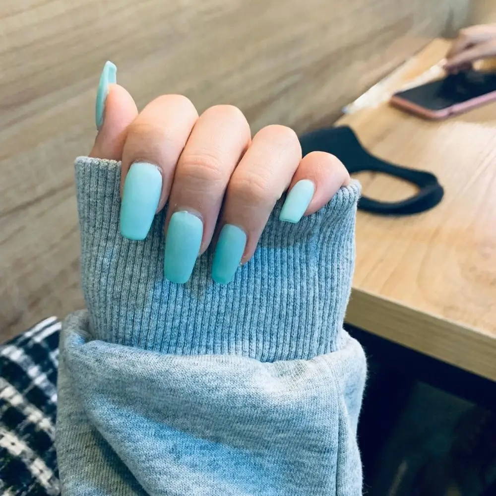 

24Pcs Ballerina Fake Nails Blue Coffin Flat Artificial False Nail Matte Office Home Faux Ongle Free Glue Sticker