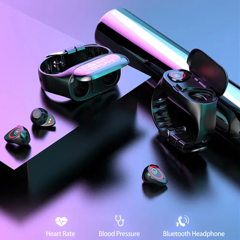 

JQAIQ Wireless Bluetooth Earphone and Smart Wristband with Heart Rate Monitor Stereo Earbud Long Time Standby Sport Smart Band