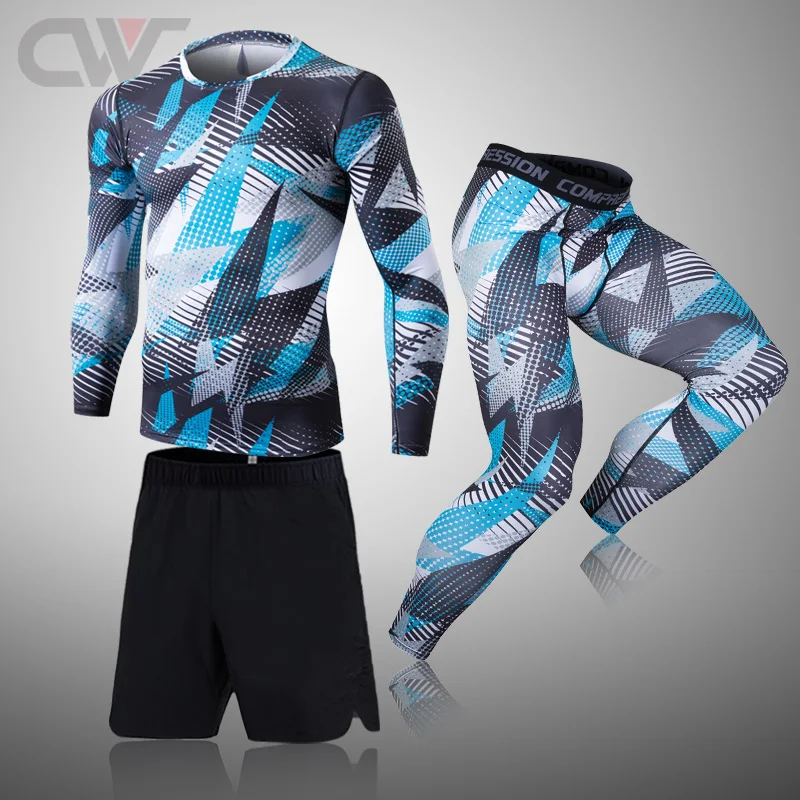 3 piece Set Camouflage Men Compression MMA Running T-Shirt Men's Tight Pants Fitness Bodybuilding Clothes Sport Suit | Спорт и