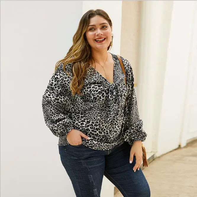 Женская блузка с поясом и леопардовым принтом Длинная размера плюс 3XL 4XL длинными