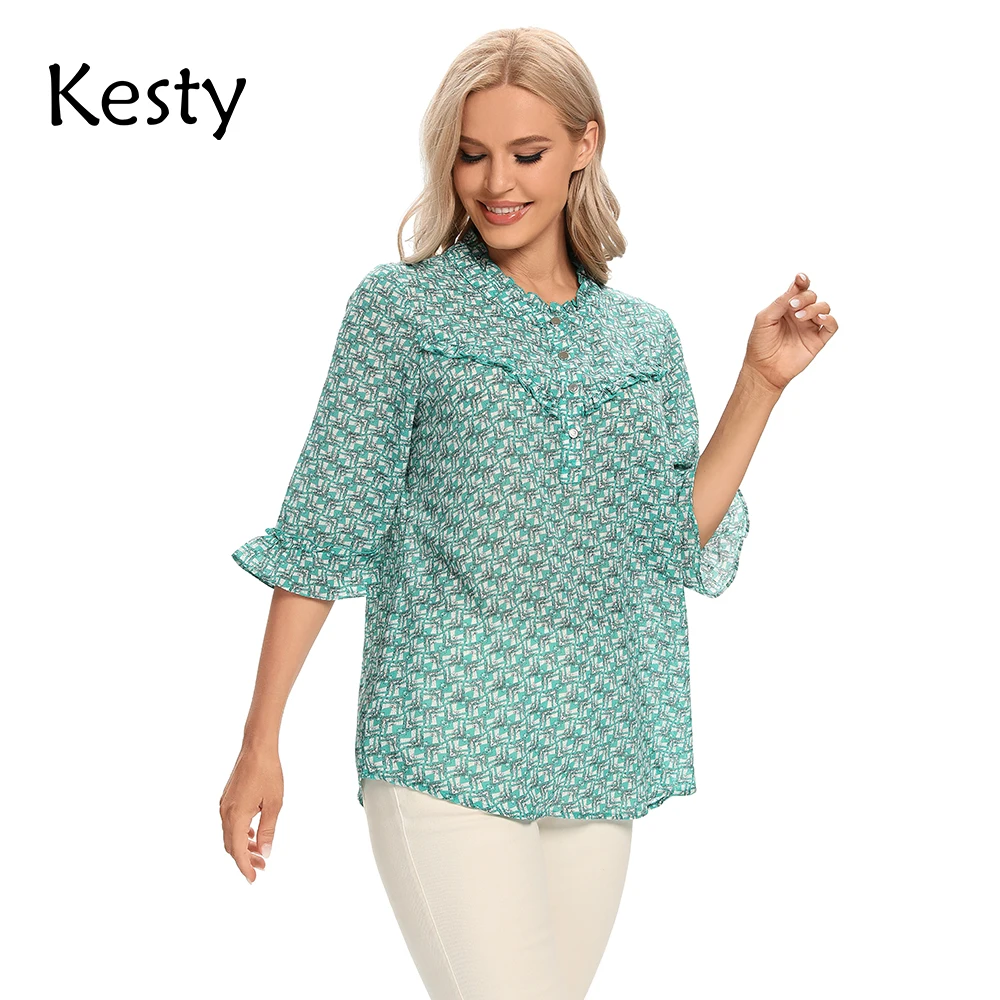 

Женская дизайнерская рубашка KESTY, рубашка в клетку из полиэстера, Повседневный дышащий топ с рукавом 3/4 и воротником с оборками