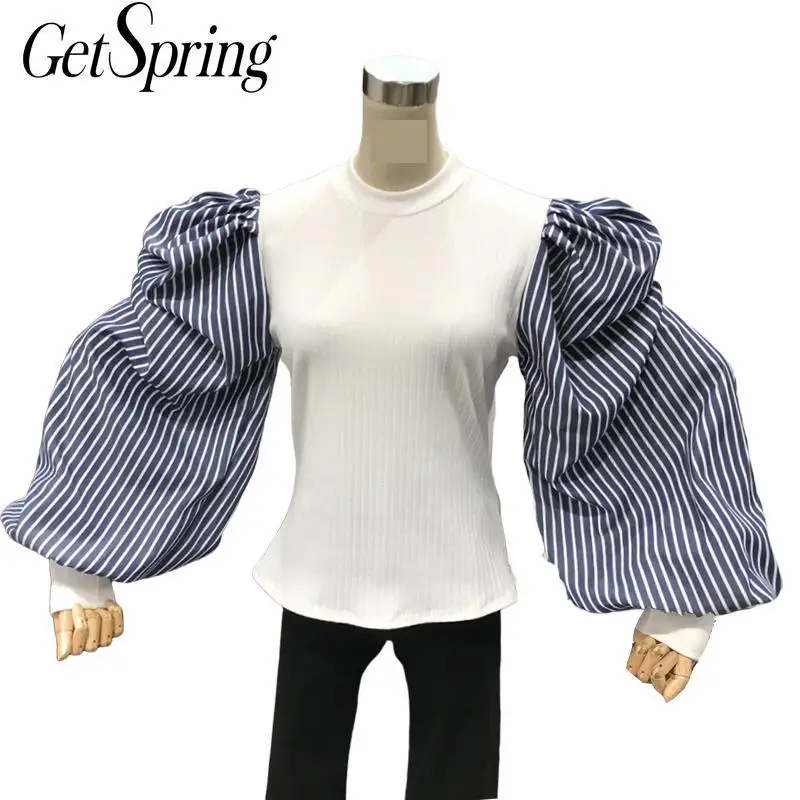 Женская футболка в полоску GetSpring белый пуловер с длинным рукавом рубашка буфами