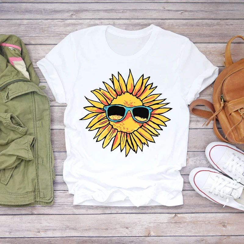 

2021 Women Sunflower Floral Bicycle Print Womens T-shirts Top T Graphic Female Tee T-Shirt Cute Summer Shirt Ladies