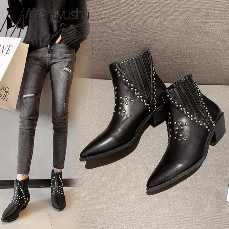 Ботинки Челси с острым носком и заклепками коллекция 2019 года Женские Кожаные martin