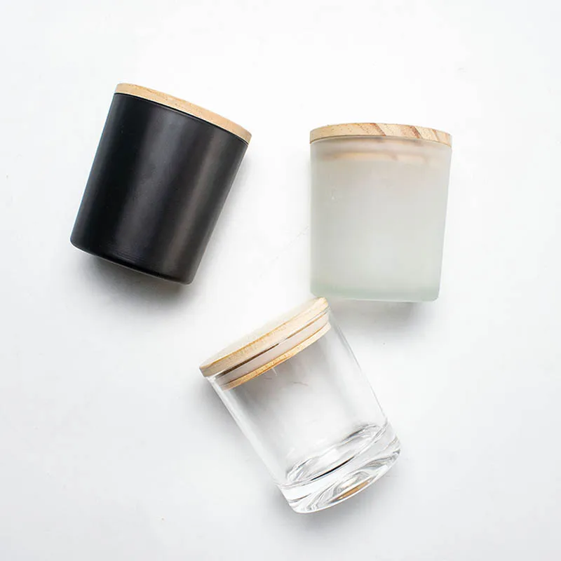 

Transparent Glass Candle Cup with Wood Lid Matte black Wax Container Candlestick Home decor Aromatherapy making DIY Candles Jars
