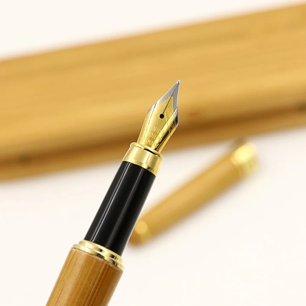

Medium Nib Fountain Pen Natural Bamboo Writing Pen with Converter and Case (Red Packed)