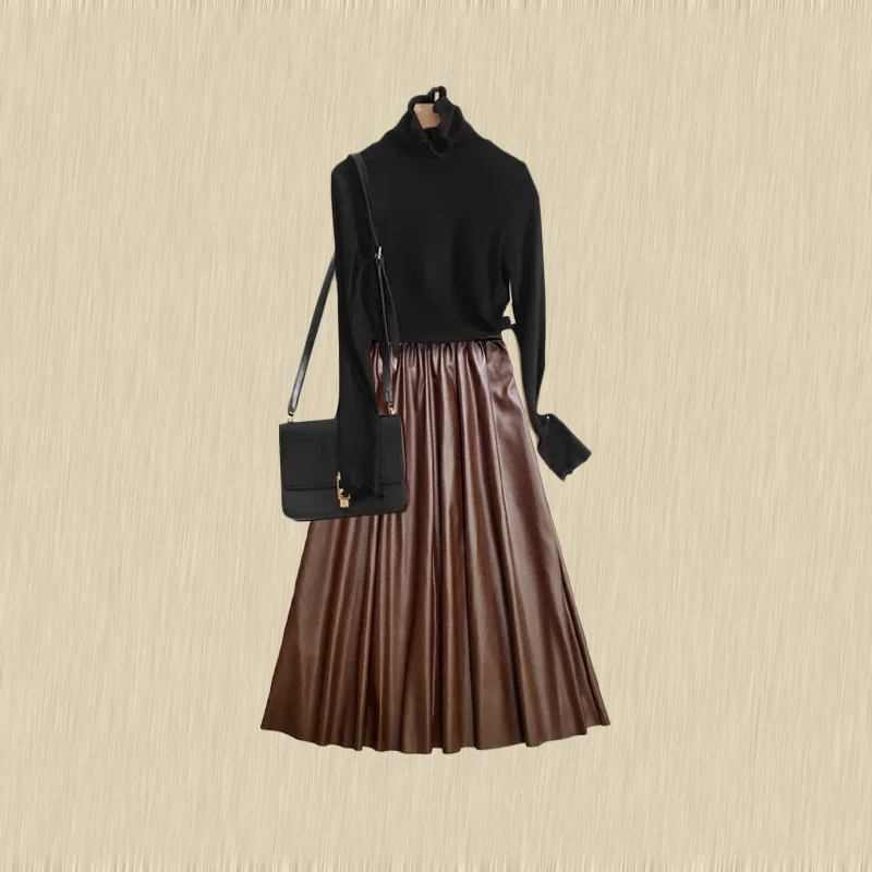 

2022 Spring Autumn New Simple Solid Casual Pu Leather Skirt Korean Elastic High Waist Thin Loose Women Long Skirt Free Shipping