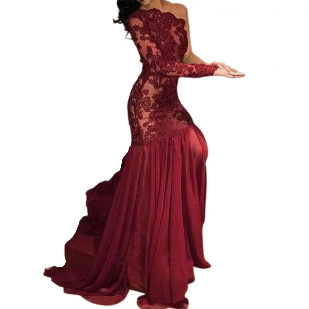 

Evening/Party Dresses Women Lace One Shoulder Stitching Hem Long Sleeve Floor-Length Skinny Bride Dress Women vestidos de mujer