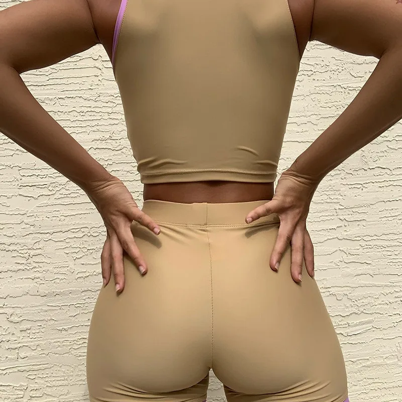 

Sexy Women Patchwork Bodycon Causal 2 Pieces Set 2020 Sleeveless V-neck Tank Vest Crop Tops High Waist Biker Shorts