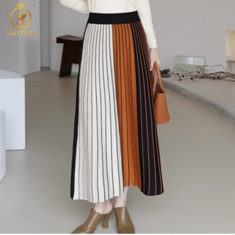 

Женская плиссированная юбка SMTHMA, теплая вязаная юбка средней длины с высокой талией, Осень-зима