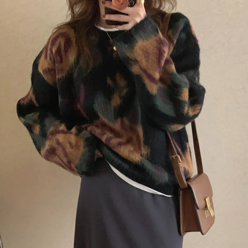 

2021 French Lazy Retro Gradient Color Mohair Loose Long Sleeve Knit Sweater