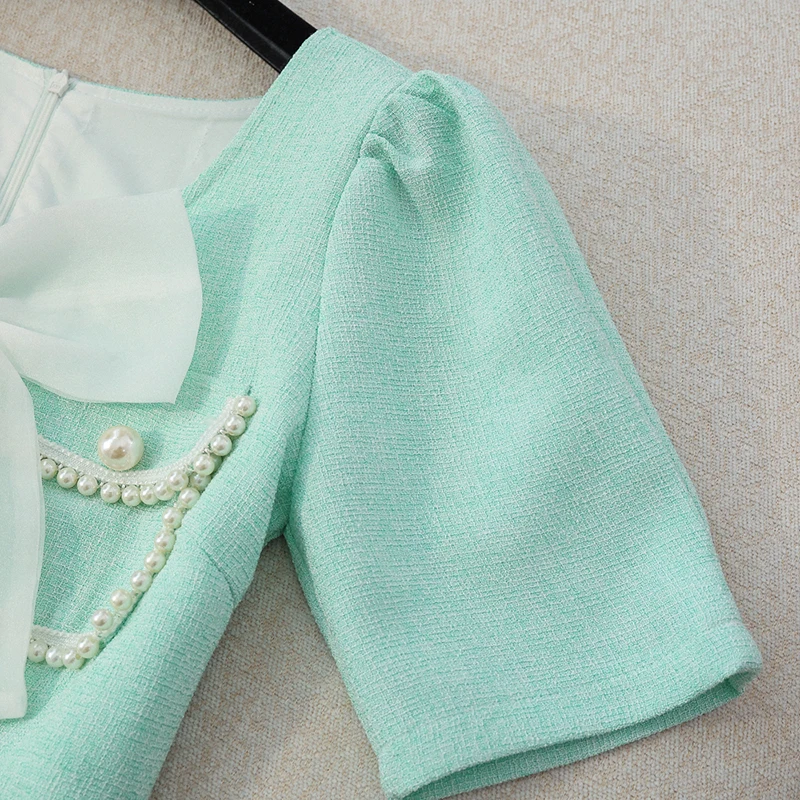 

EXCELLENT QUALITY Newest 2021 Summer O-Neck Short Sleeve Beaded Bow Mimi Dress