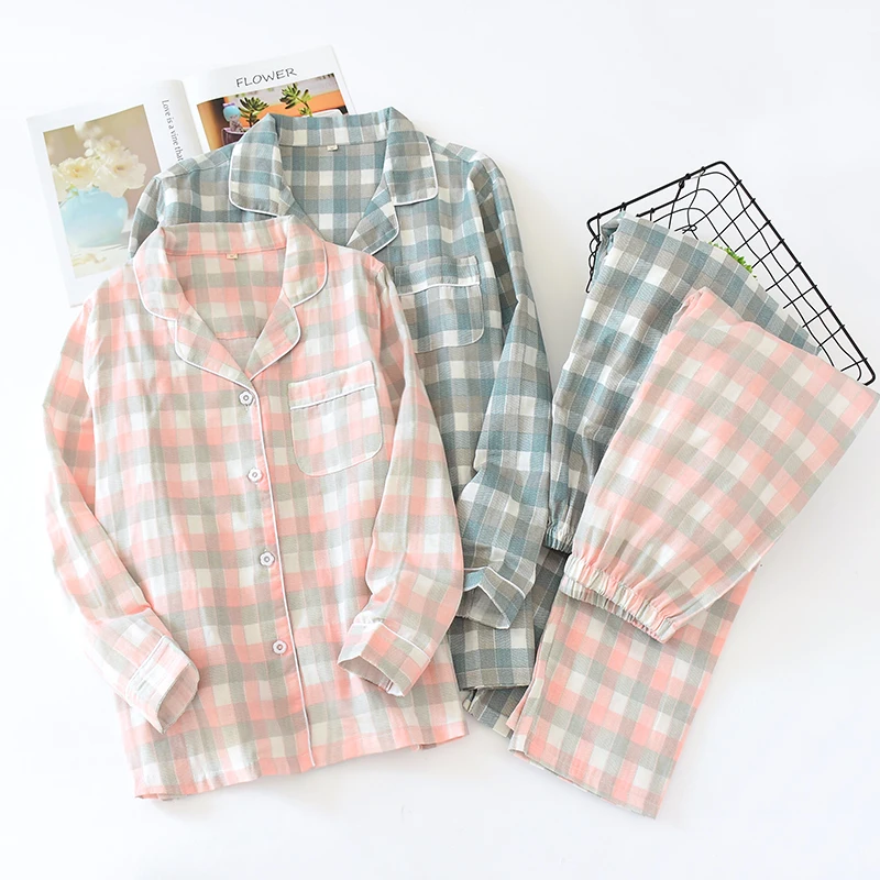 

Men Women 100% Cotton Plaid Pajamas Loose Plus Size Loungewear Gauze Home Clothes