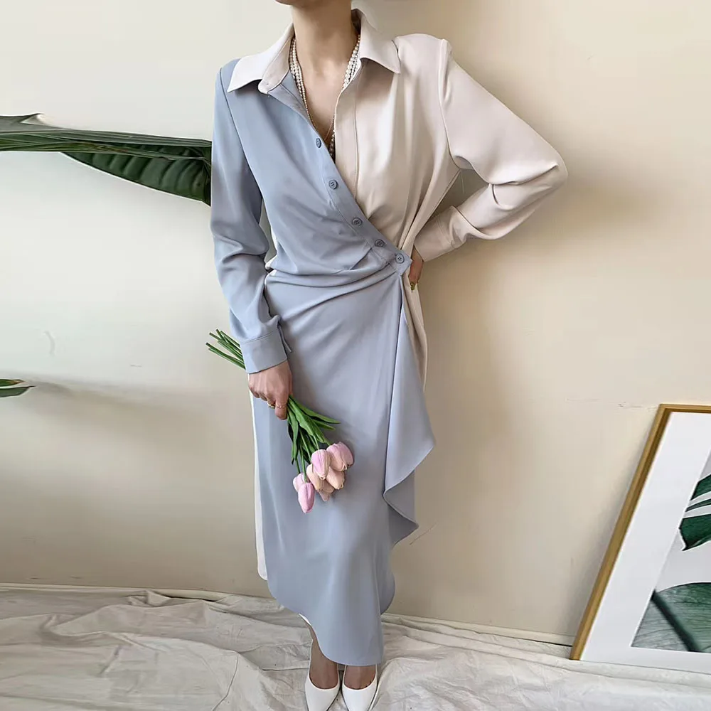 Женское асимметричное платье рубашка офисное контрастных цветов с рюшами