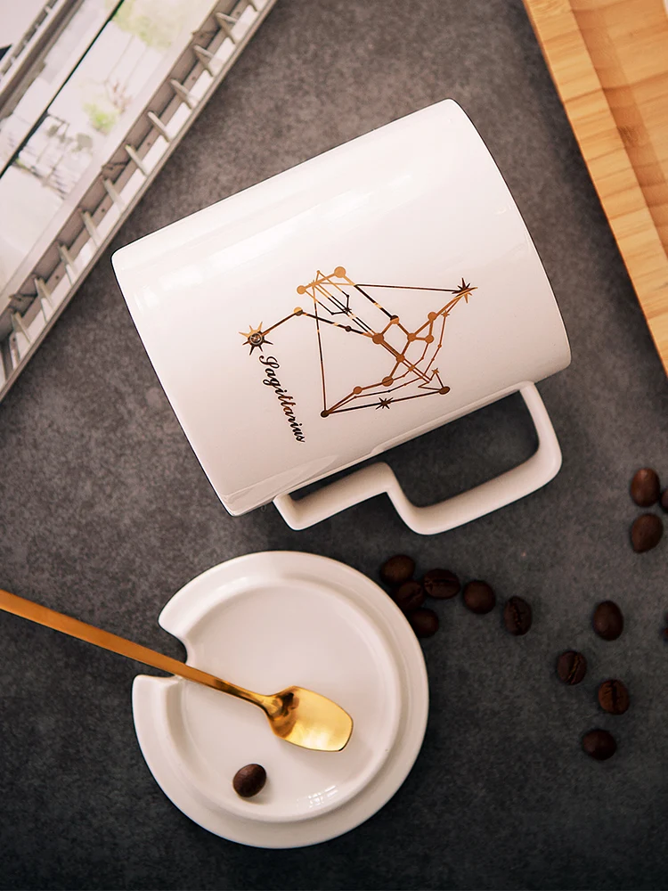 OUSSIRRO Natural Marble 12 Constellation Ceramic Pink Zodiac Mug with lid Coffee Mugs Creative Personality Cup 400ml Lead-Free | Дом и сад