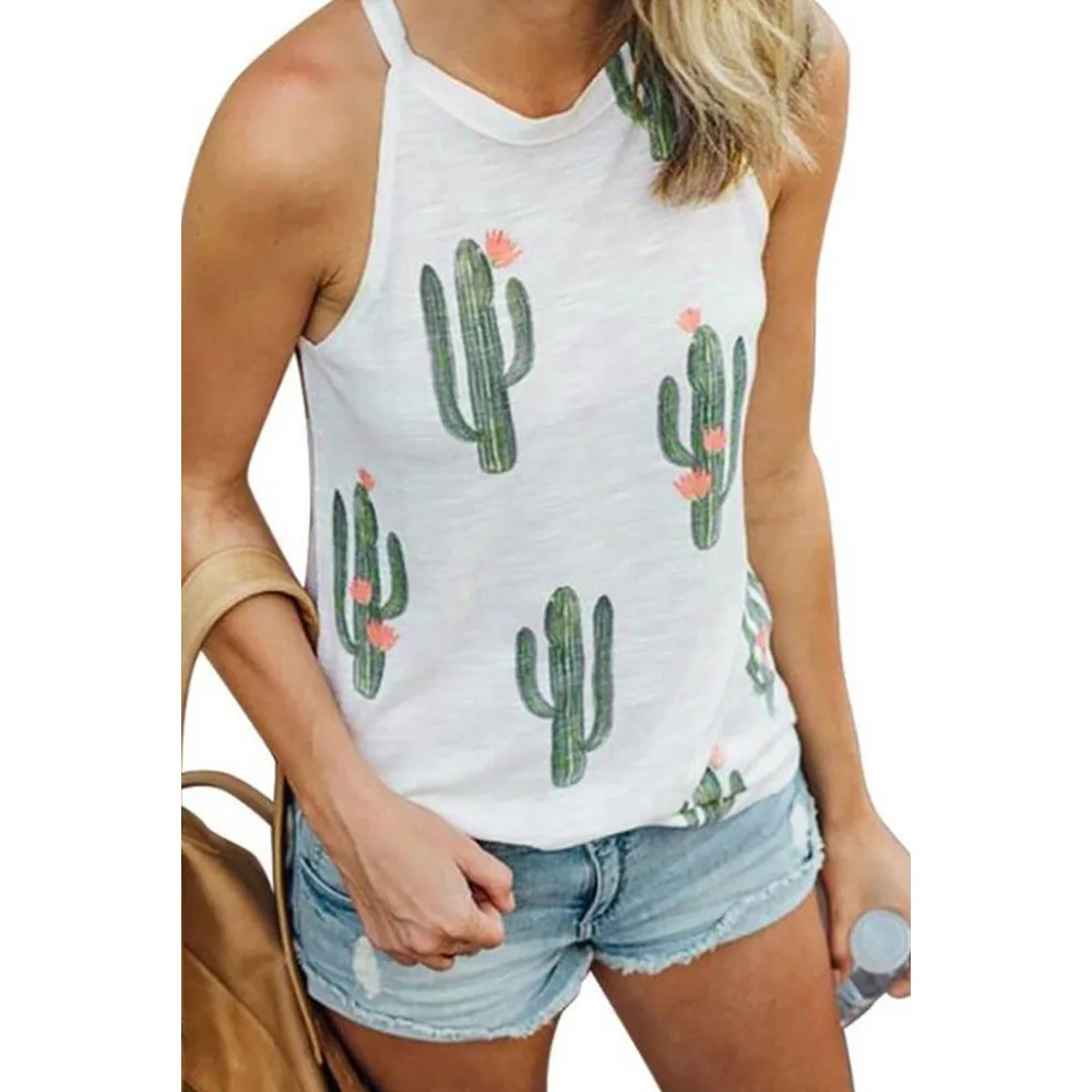 

Summer Printed Cactus New Suspender Vest Women's Loose Round Neck Sleeveless Top