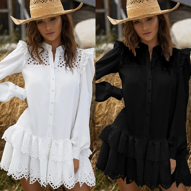 

Women Solid Lace Shirt Dress 2021 Spring Elegant Ladies Stand Collar Hollow Out Single-Breasted Cascading Ruffles Mini Dresses