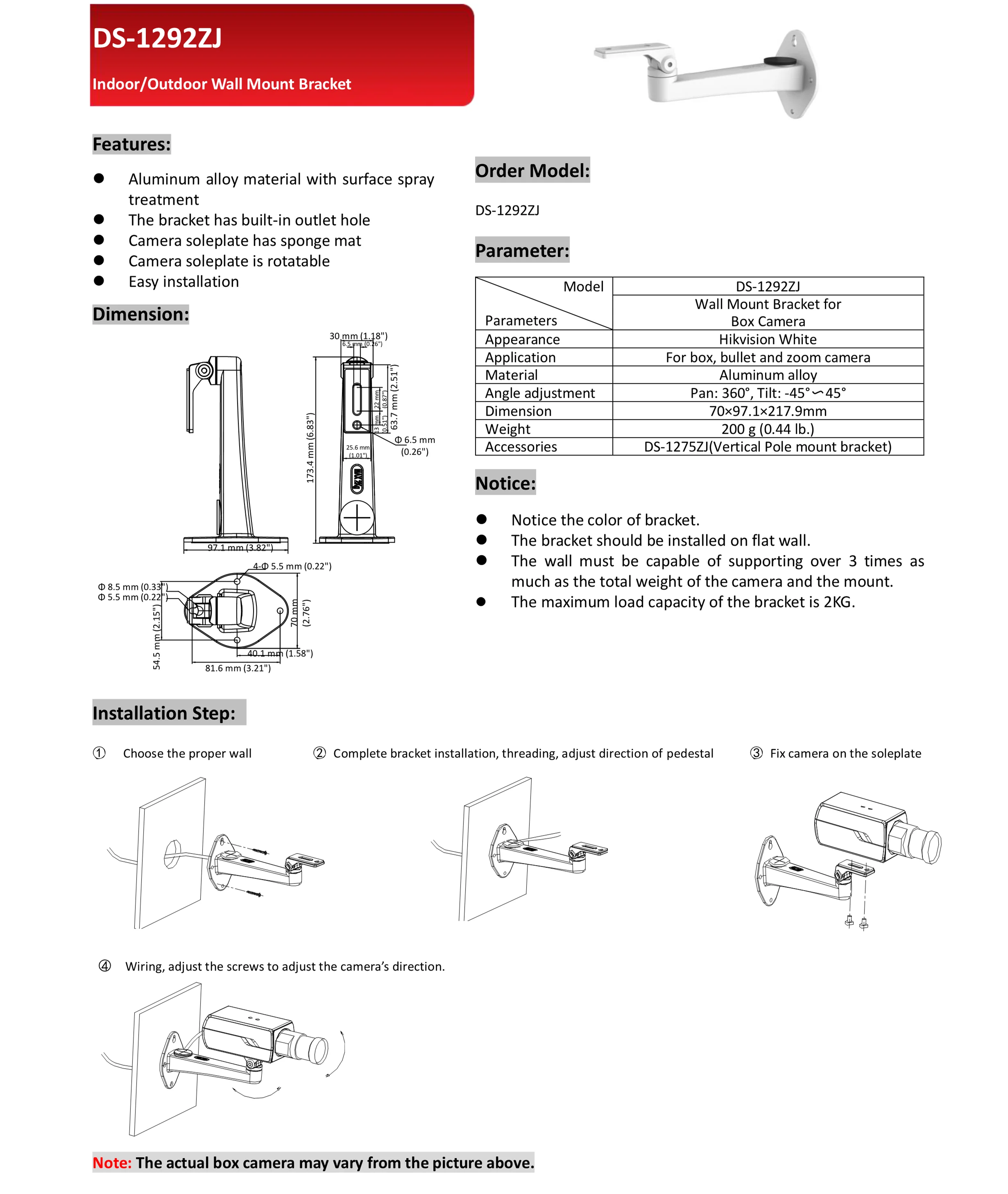 Hikvision Крытый Открытый настенный кронштейн DS-1292ZJ для DS-2CD2232-I5/I3 DS-2CD3T45(D)-I3/I5/I8 DS-2CD2T45(D)-I3/I5/I8