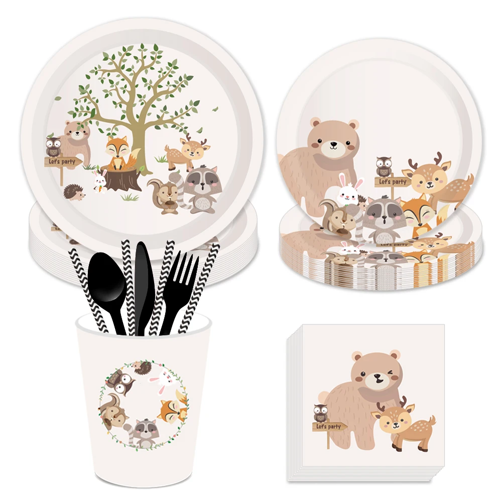 Набор одноразовой столовой посуды с изображением животных из леса джунглей