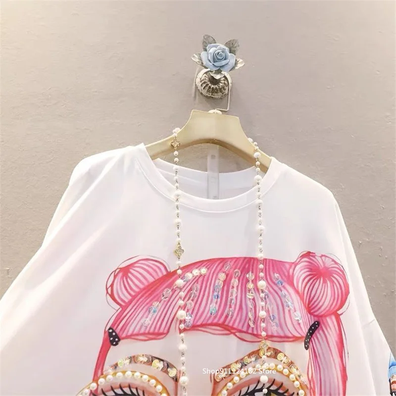 

European Cargo Heavy Industry Beaded Cartoon Age-Reducing Short-Sleeved Large Size TShirt Female Summer New Loose Mid-Length Top
