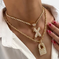punk hip hop chunky crystal letter lock pendant necklace for women men gold color thick metal twisted chain necklace new jewelry
