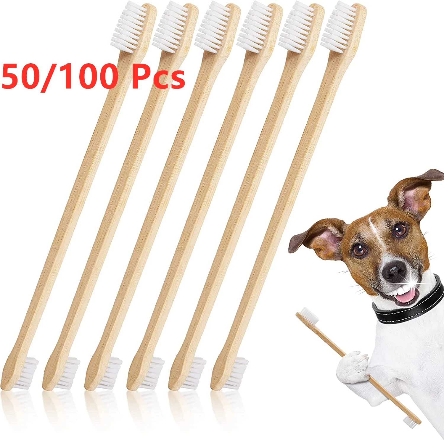 50 Pcs Pet Bamboo Toothbrush-Double-Sided Dental Hygiene Brush for Puppies,Cats-Oral Cleaning Tools with Ergonomic Long Handle