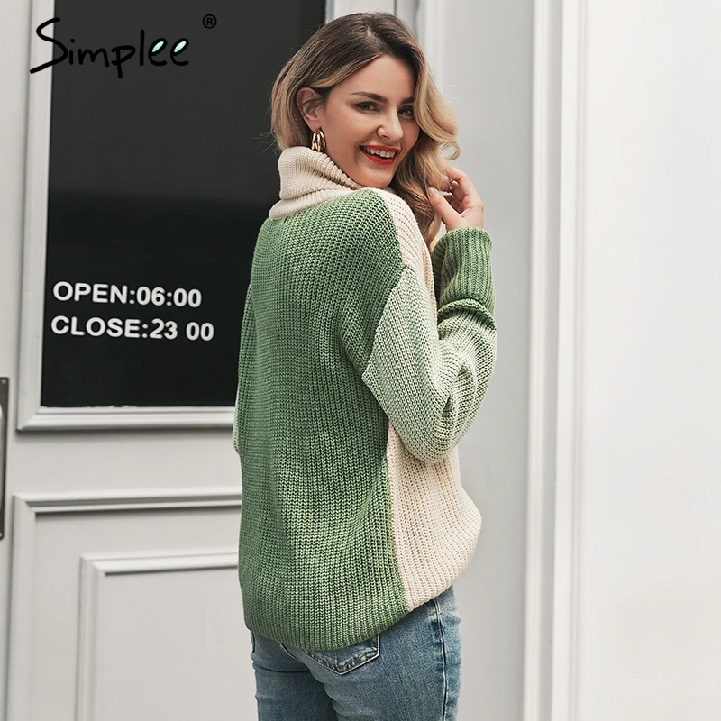 Simplee Turtleneck women knitted pullover sweater Long sleeve female jumper Autumn winter streetwear oversize ladies overalls | Женская