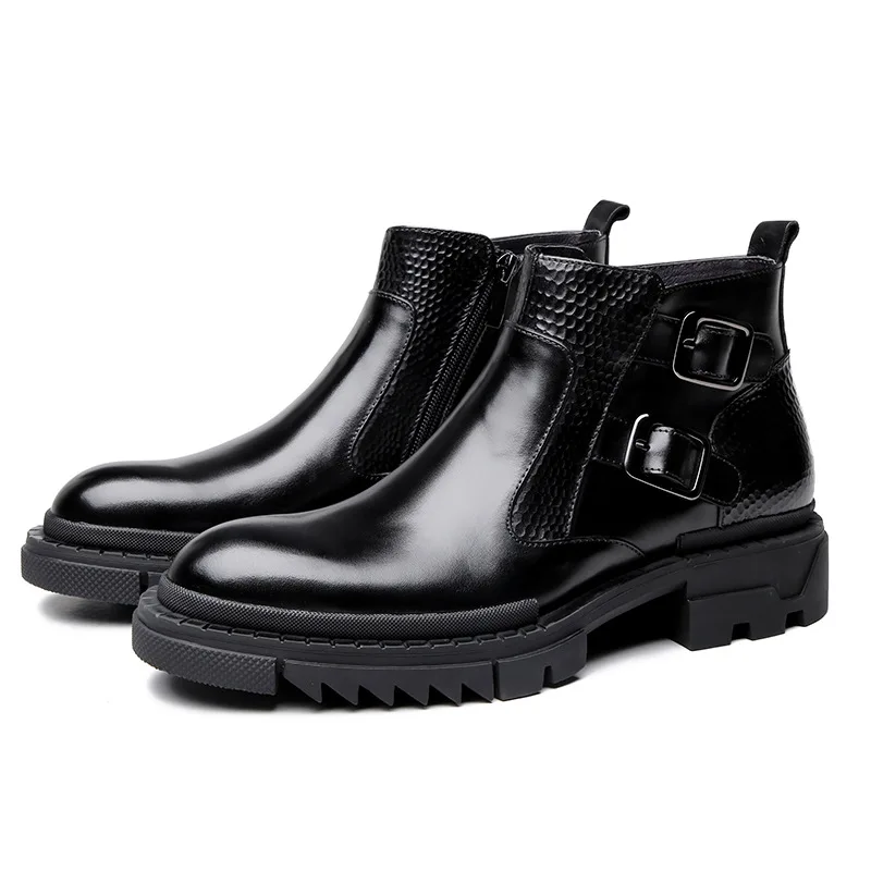 

Winter Men High Top Thick Platform Ankle Boots Cowhide Genuine Leather Work Safety Shoes Buckle Fleece Lining Biker Riding Boot