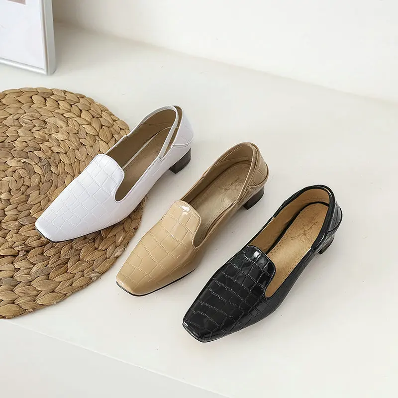 

2021 New Square Toe Square Low Heel Women Pumps Comfort Slip on Ladies Shoes PU Leather Shallow Women Shoes Big Size 34-43