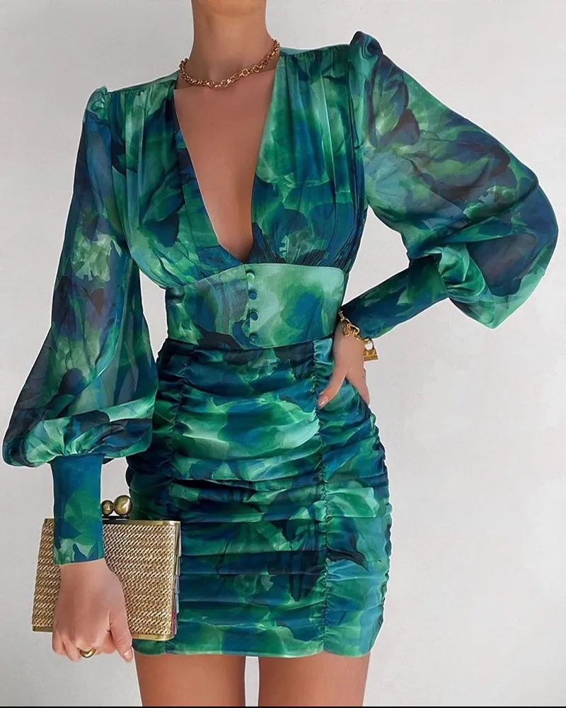 

2021 new sexy V-neck tight women wrap High Waist Chiffon Lantern Sleeve Printed Dress temperament dating party dress