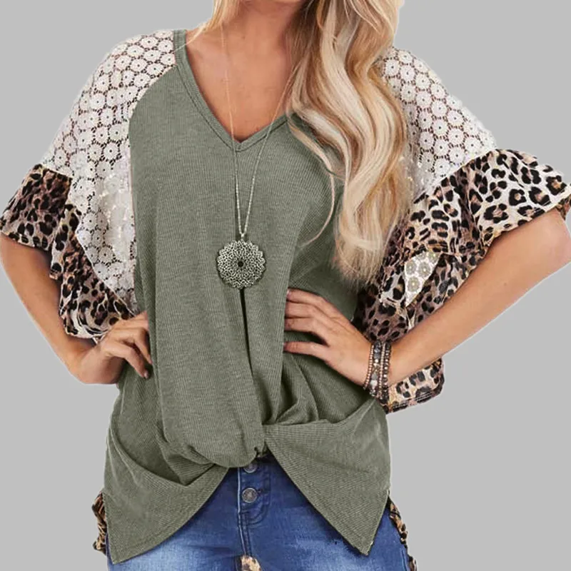 

Donsignet Women's T-shirt Fashion Summer Temperament V-neck Pullover Leopard-print Lace Twisted Irregular Raglan Sleeve T-shirt