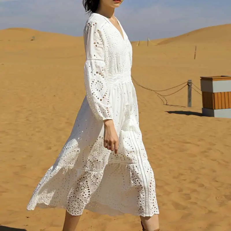 Женское платье с длинным рукавом в стиле бохо хлопковое вырезом лодочкой и