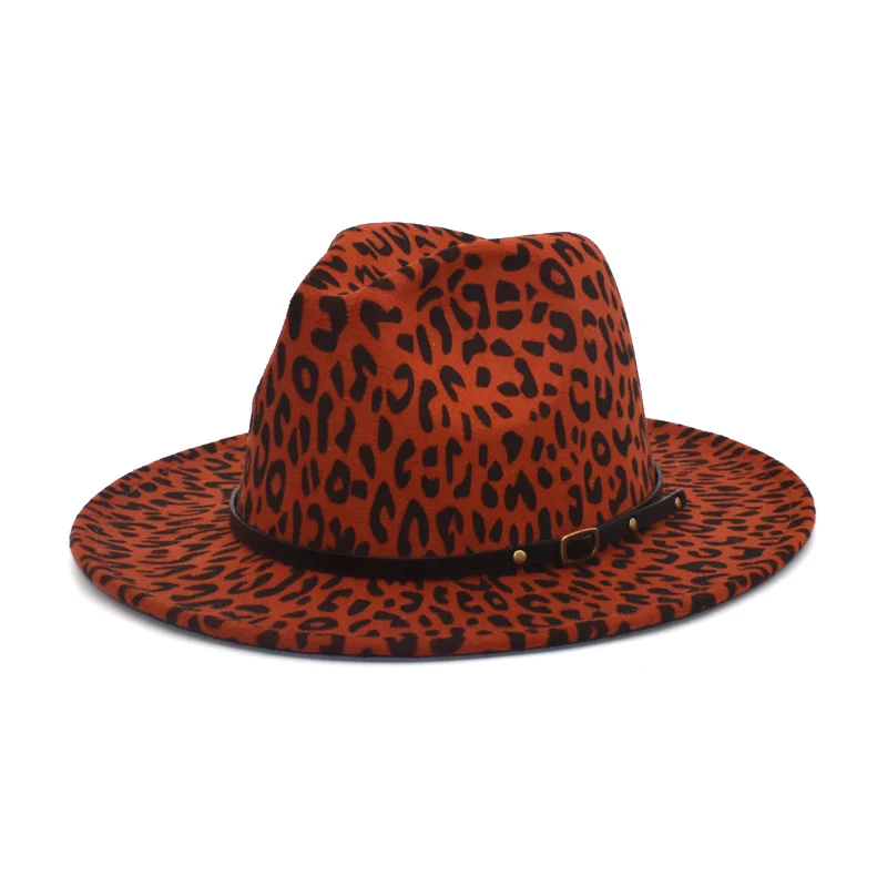 Women's Flat Brim Wool Felt Jazz Fedora Hat Men's Women's Leopard Print Leather Band Decoration Trilby Panama  Hat F97