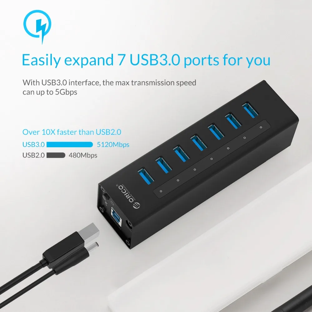 ORICO 7 Порты и разъёмы высокое Скорость Настольный USB3.0 концентратор Поддержка BC1.2 зарядки с Мощность адаптер Алюминий USB разветвитель для Macbook-черный