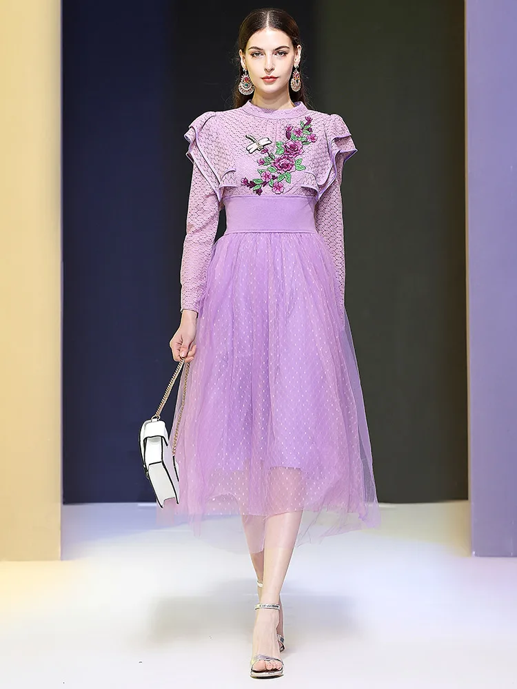 

Autumn New Fashion Lace Embroidery Beaded Sequined Dragonfly Mesh Long Sleeve Party Dress for Women