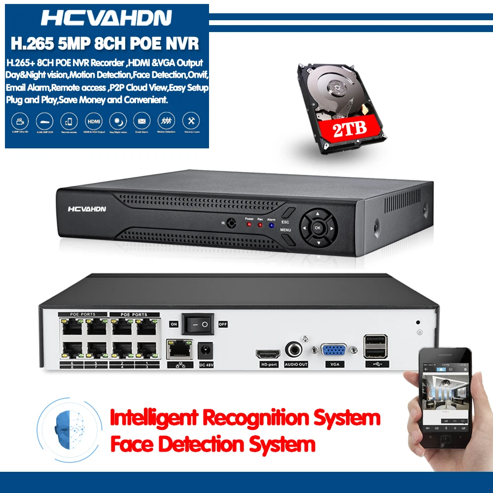 HCVAHDN распознавание лица H.265 5MP 4CH 8CH 48 В POE NVR Аудио видеонаблюдения безопасности