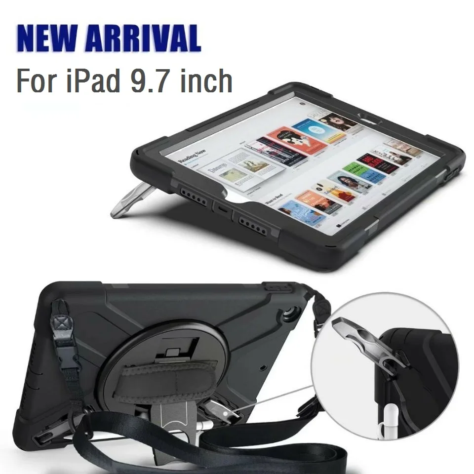 

Case For iPad 9.7 2017 2018 Pro 9.7 Tablet Shockproof Silicone+PC Kickstand Case For iPad Air 2 Cover 9.7 Wrist+Shoulder Strap