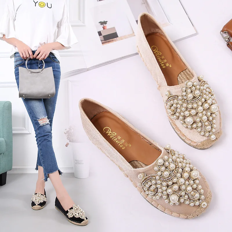 

Pearl Crystal Round Toe Solid Flock Loafers Woman Flats Shallow Moccasins Women Shoes Beads Slip On Hemp Espadrilles Femme