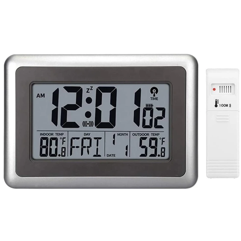 

Atomic Wall Desk Clock Large Display with Indoor Outdoor Temperature Date Calendar Digital Alarm Clock for Kitchen