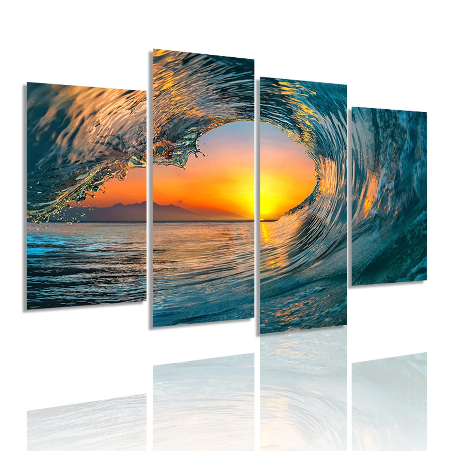 

Sunset Sea Water Ocean Wave 4 Panels Canvas Painting HD Poster Wall Art Print Picture Living Room Interior Home Decor Frame