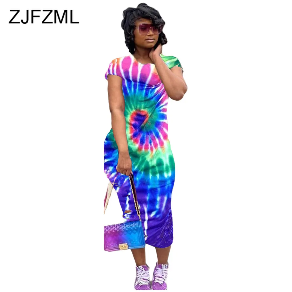 

Rainbow Tie Dye Print Summer Beach Dresses Women Scoop Neck Short Sleeve Package Hip Dress Vintage High Waist Plus Size Vestidos