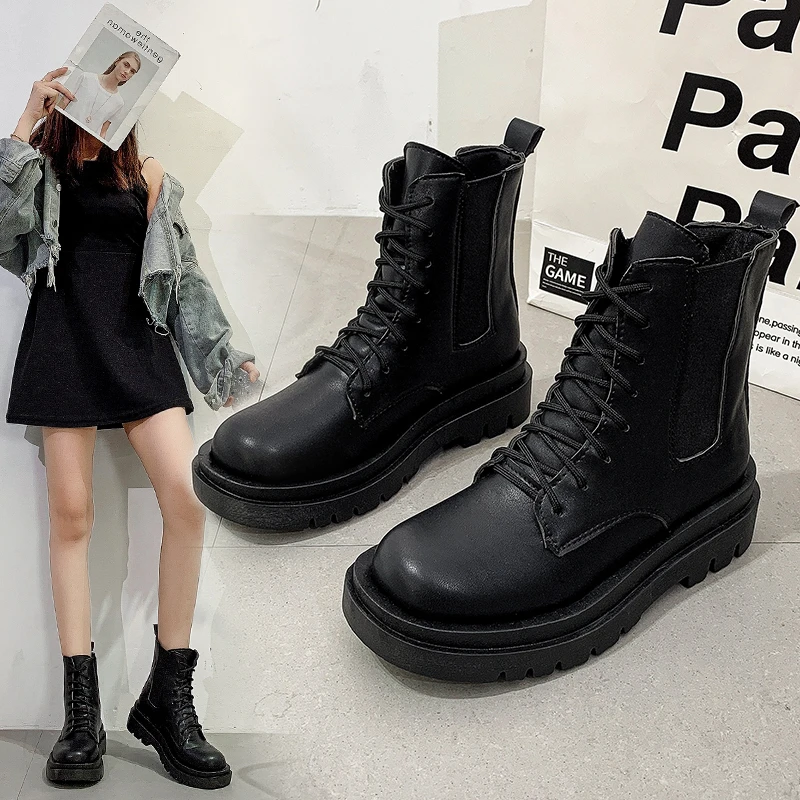

Ankle Boots for Women 2021 Spring Motorcycle Boots Thick Heel Platform Shoes Woman Slip on Round Toe Fashion Boots