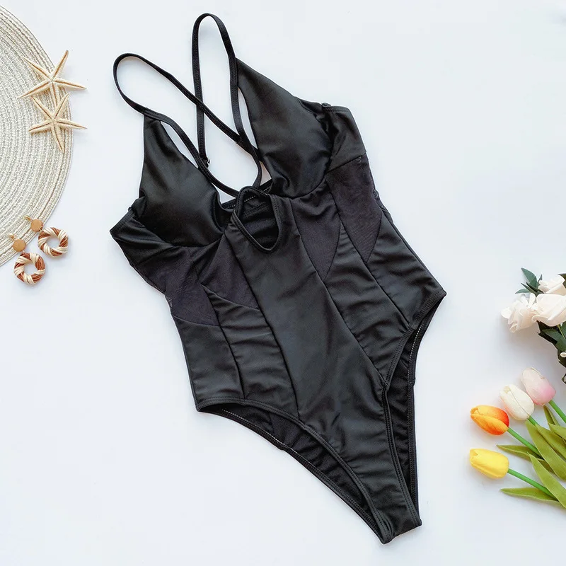 

2021 New Hot Selling Sexy High Waist Bikini One Piece Women's Solid Cross Strap Swimsuit Perspective Swimsuit
