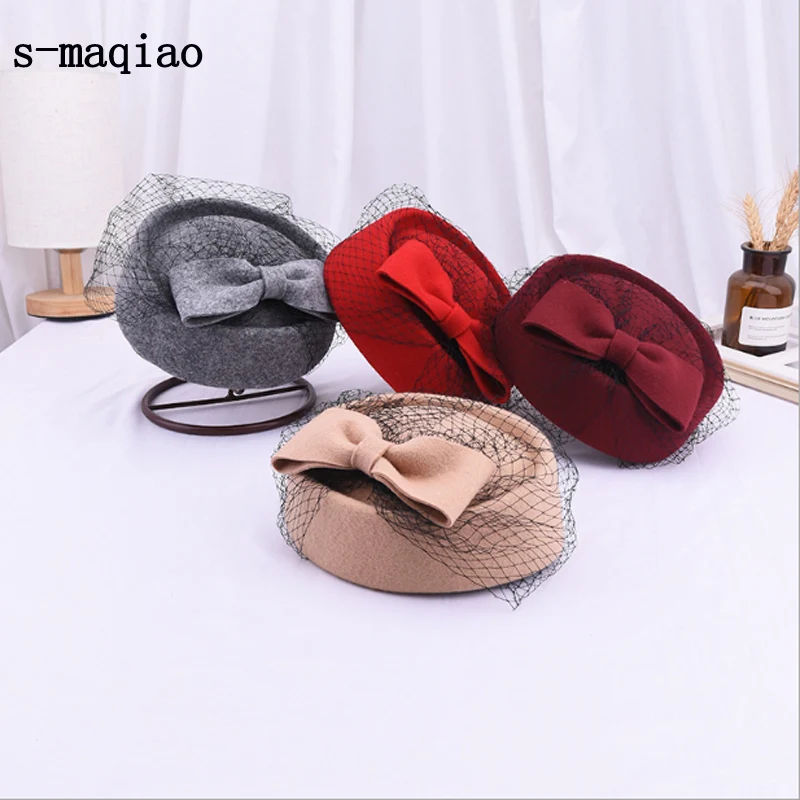 

Classic Womens Wool Felt Fedoras Bow Veil Wool Felt Hats Red Bridal Wedding Party pillbox Hat Black Painter Berets