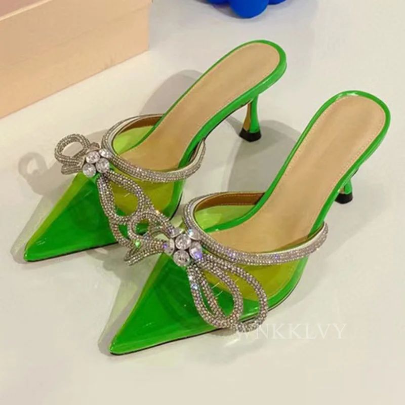 

Pointed Toe Clear PVC Slippers Women bling bling Crystal bow decor Sandals Summer Dress bridal wedding Cinderella crystal Shoes